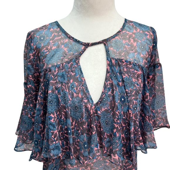 Rebecca Taylor Shibori Printed Blue Silk Ruffle Blouse Size S - Picture 5 of 12